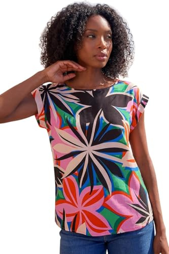 Roman Originals T-Shirt for Women UK - Ladies Tee Shirt Summer Top Holiday Day Causal Short Sleeve Blouses Round Crew Boat Neck Lightweight - Pink Floral - Size 12