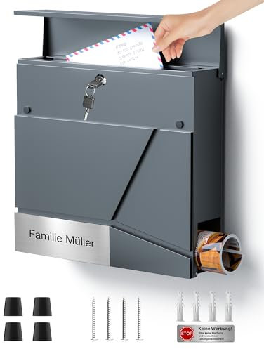 Arverta Briefkasten Anthrazit Edelstahl Mit Zeitungsfach(37 X 37 X 10cm), Personalisiert Mit Namensschild, Wetterfest, Aufkleber Gegen Unerwünschte Werbung, Wandbriefkasten Postkasten Briefkästen