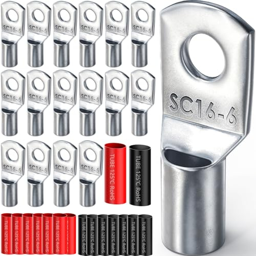 32 Stück Rohrkabelschuhe Set, BUNTOR 16mm² M6 Kabelschuhe für Kfz Batteriekabel, 16 Rohrkabelschuhe Set und 16 Hülse, Rohrkabelschuh Sortiment, Ringkabelschuhe für Auto Motorrad Boote