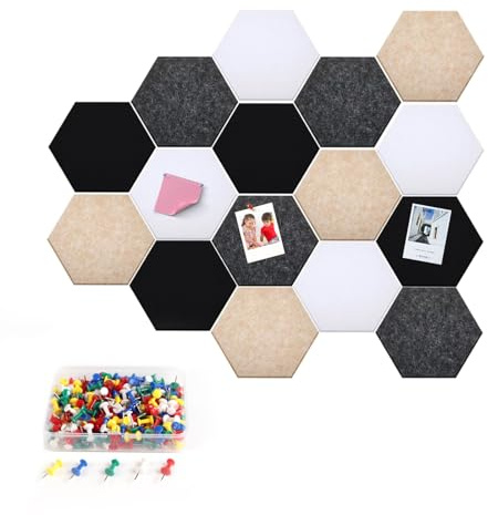 Hexagon Filz Pinnwand Sechseckige Korktafel mit Pinnnadeln,16 Stück 15x17cm Filz-Bulletin Memotafeln Memo Board, Multifunktion Filzfliesen Wandpaneele für Wanddeko im Haus, Schule & Büro