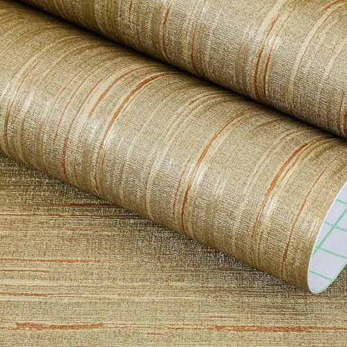 FunStick 60CMx5M Textured Self Adhesive Wallpaper Gold Brown Sticky Back Wall Paper Vintage Living Room Peel and Stick Wallpaper Textured Linen Vinyl Wallpapers Brown and Gold Vinyl Wrap for Furniture