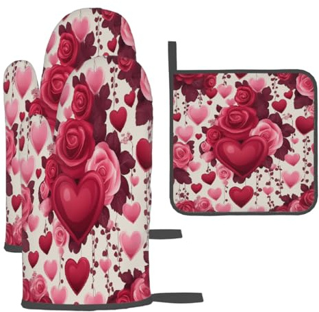 Red Roses Pink Hearts Oven Mitts and Pot Holders Heat Resistant BBQ Gloves Kitchen Gloves Hot Pads for Cooking Grilling Baking