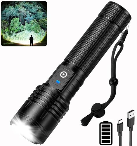 cinlinso Taschenlampe LED Aufladbar 100000 Lumen, LED Taschenlampen Extrem Hell Taktische Taschenlampe, 5 Lichtmodi & IPX7 Wasserdicht, Zoombar für Camping Wandern