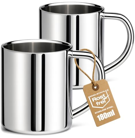 Robin Goods® 2x Edelstahl Thermobecher 180 ml - doppelwandige Becher mit Henkel - bruchsichere Kaffee- und Trinkbecher aus Edelstahl - rostfrei, BPA-frei und spülmaschinengeeignet (180ml)
