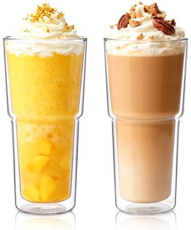 INSETLAN 2 Pack 590ml Double Walled Glass Cup, Insulated Coffee Cup for Coffee Tea Milk Juice Ice Cream Dessert, Borosilicate Heat Resistant Large Glass Cups, Ideal for Hot and Cold Drinks