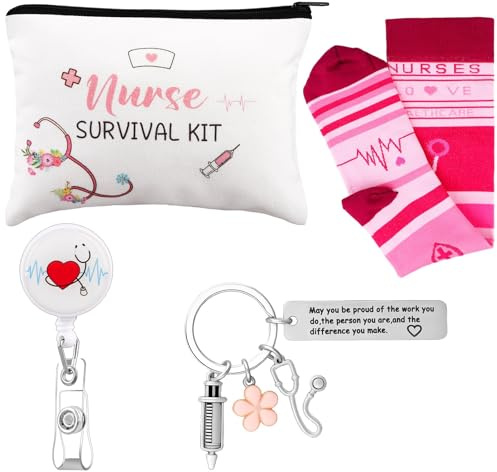 4er Set Krankenschwester Geschenke Kosmetiktasche Schlüsselanhänger Socken Namensschildhalter Abschiedsgeschenk Dankeschön Geschenk Set für Krankenschwester Pflegekraft Krankenschwester Survival Kit