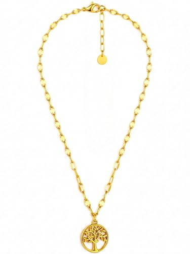 BS Schmuckdesign Halskette Damen 18K vergoldete Ankerkette Lebensbaum-Kette mit Anhänger Gliederkette verspielter Look nickelfrei wasserfest & hautfreundlich Größe verstellbar