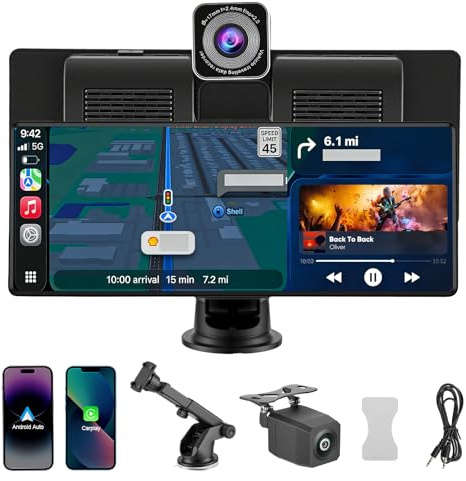 10.26 Wireless Carplay Screen for Car with 4K Dash Cam & 1080p Rear Camera, Portable Android Auto Stereo, 64GB SD Card, Loop Recording, Reverse Assist, Plug & Play