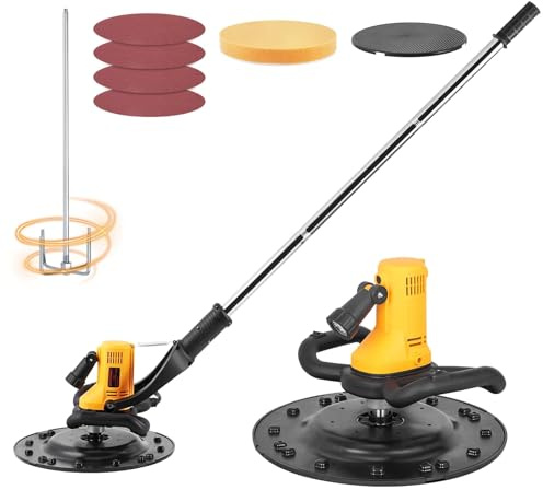 Levigatrice Per Muro, Frattazzo Per Rasatura - Motore Rame Robusto, 6 Velocità Regolabili, Raffreddamento Ottimizzato, Con Prolunga, Frullino, Disco Autoadesivo, LED Per Carteggiatori(Yellow)