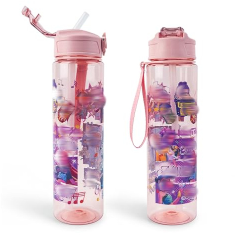 Heartsking K Pop Water Bottle for Girls, Pink Reusable Plastic Water Bottle with Straw for Sports and Travel Drinkware Merch Gift for Girls Fans Teens Party Birthday