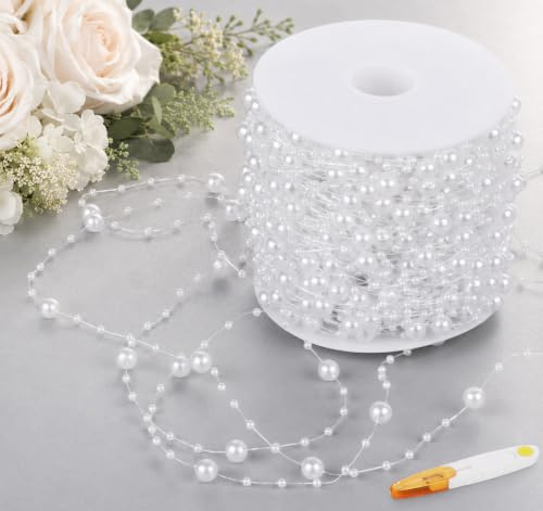 Perlengirlande Weiß, 30m Perlenband Perlenkette Deko mit Edelstahl Schere | Hochzeit Perlenschnur für Tischdeko, Hchzeit, Weihnachten, Party Handwerk,DIY Handwerk