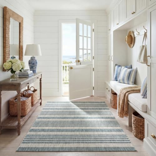 SAFAVIEH Washable Rug Outdoor Courtyard Collection - 4' x 5'7, Grey & Blue, Non-Shedding & Easy Cleaning, Ideal for Patio, Backyard, Mudroom (CY8062-37212)