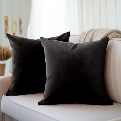 Encasa XO Kissenbezüge aus Samt - 2er-Set (40x40 cm) - Schwarz- Uni gefärbt, weich & glatt, waschbar, quadratisch, großer Wurfkissenbezug für Couch, Sofa, Stuhl, Bett und Wohnbereich