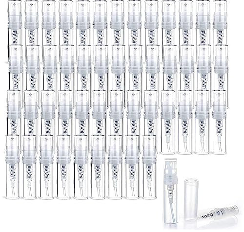 LANGING Botella de spray pequeña, 50 unidades de 2 ml para perfume, para viajes, mini botella de perfume rellenable para muestras de perfume, estabilizador cosmético para fiestas/oficina