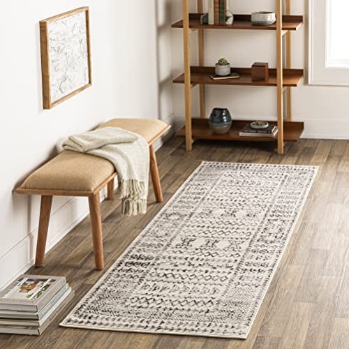 Livabliss Tokyo Teppich Wohnzimmer Boho, großer Teppich Schlafzimmer 80x220 cm - Teppich für Esszimmer mit geometrischem Muster, Skandinavischer Wohnzimmerteppich modern in Elfenbein, Grau, Schwarz