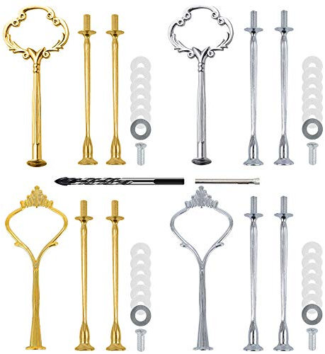 Gativs 4 Sets Etagere Bausatz Etageren Stangen Set Etagere Tortenständer Etageren Stäbe Metallstangen für Etagere Tortenständer 2 bis 3 Etagen Etageren Stangen Set mit Bohrer, Silber und Gold