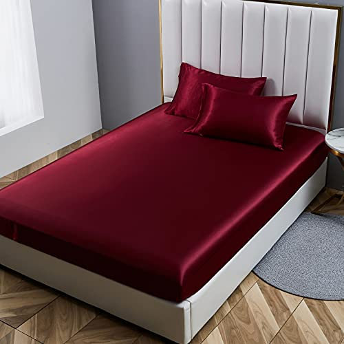 Damier Spannbettlaken 90x200cm Rot Weinrot Satin Seide Glänzend Bettlaken Hochwertiges Deluxe Unifarben Spannbetttuch, geeignet für Matratzen bis 30cm