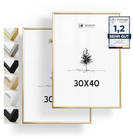 Heimlich® - Cadre photo - 30 x 40 cm, aluminium, doré, lot de 2 - Grands cadres pour diplômes avec protection plastique - Montage mural uniquement