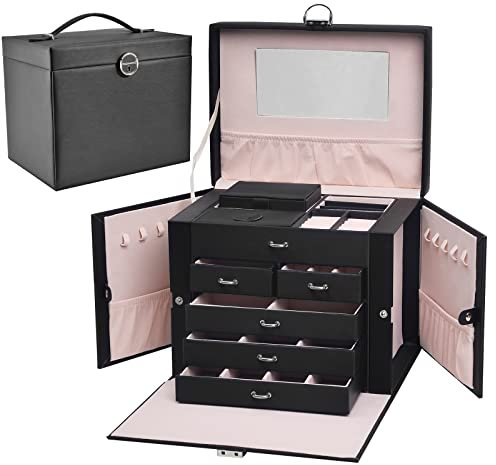 Rainberg 5-Tier Jewellery Box/Organiser with Mirror, High-End PU Leather Lockable Organiser with Handle, Travel Storage, Modern Style, Gift for Loved Ones. (Black, 5-Tier)