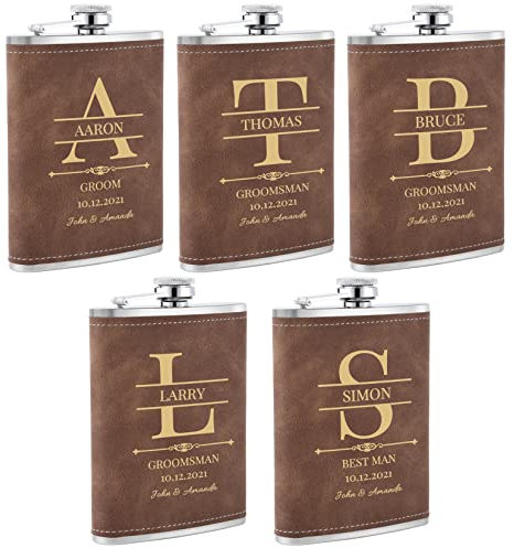 5 Pièces Flasques a Alcool Personnalisés, Flasques Whisky en Inox 304 8oz/227ml Personnalisables pour EVG, Flasque de Mariage Personnalisés pour les Garçons D'Honneur et les Témoins (Marron)