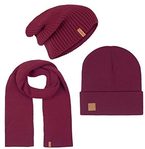 riverso Herren RIVGordon Slouch Beanie Mütze Schal Sets Winterset Outdoormütze Winterschal Unisex 3 in 1 Winter Herbst Einfarbig Einheitsgröße Rot, Größe:One Size, Farbe:Burgundy