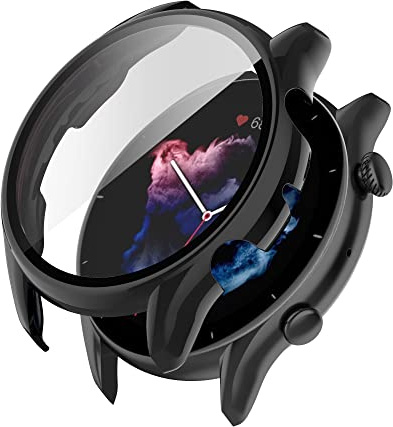 AISPORTS 2er Pack Kompatibel mit Amazfit GTR 3/3 Pro Displayschutzfolie mit Hülle, Hart PC Bumper Case HD Klare gehärtete Glasfolie Anti-Scratch Full Coverage Schutzhülle für Amazfit GTR 3/3 Pro