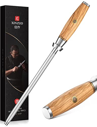 XINZUO Diamant Wetzstahl 36.2cm, Schleifstab Professionelle kohlenstoffreichem Stahl Wetzstab, für versch Küche Messer schleifen -mit ergonomischer Olivenholz Griff -Lan Series
