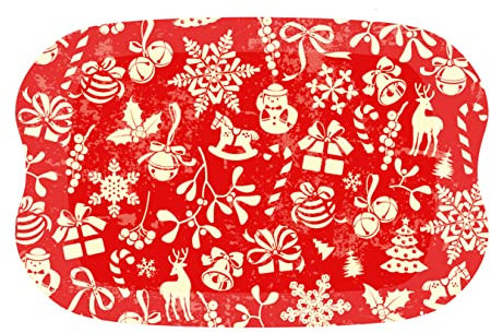 Harfield Christmas Red Print Serving Tray Coffee Tea Festive Platter 32x21cm Wood Effect Ecological
