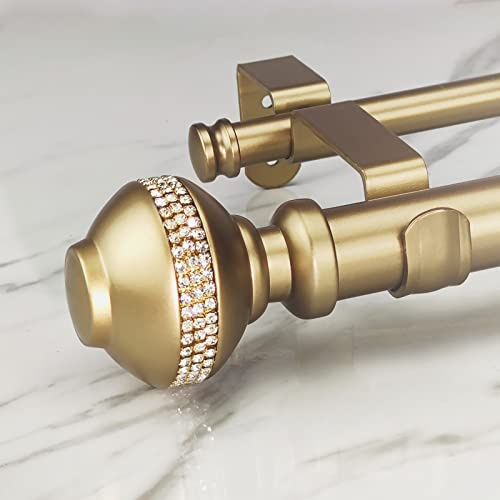 ILAISIHOME Doppel-Gardinenstangen-Set: 3,8 cm Durchmesser, luxuriöse goldene Gardinenstangen, 183-368 cm, verstellbare goldene Gardinenstange mit Strass-Endstücken, 1 Packung