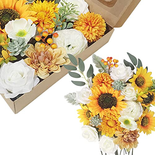 Set combinato di fiori di girasoli artificiali, fiori di rosa, veri e propri mazzi di rose per estate, primavera, matrimoni, fai da te, centrotavola e decorazioni floreali (girasole bianco giallo)
