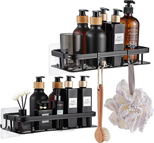Shower Caddy, 2 Pack Adhesive Shelves, Stainless Steel Storage Rack, Bathroom Organiser No Drilling, Wall Mounted Shampoo Holder With 5 Hooks (Black)
