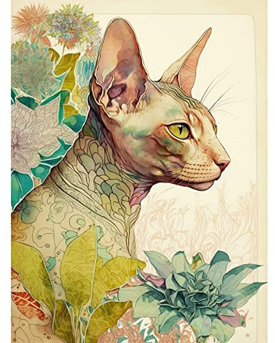 Artery8 Sphynx Cat with Floral Tattoo in Flower Blooms Colourful Modern Watercolour Illustration Art Print Canvas Premium Wall Decor Poster Mural
