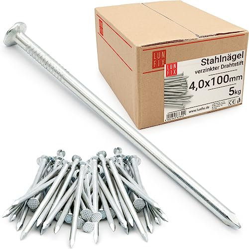 Lun Fix Stahlnägel 4,0 x 100 mm - 5kg (ca. 500 stk.) Holznägel für Bauarbeiten Verzinkter Baunägel Nägel 100 mm lang Drahtstifte Nägel Senkkopf verzinkt für Tischlerarbeiten, home decor, DIY, crafts