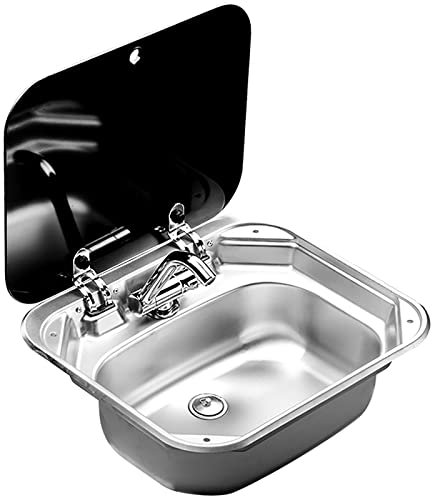Lavello in Acciaio Inox per Camper, Lavello da Cucina A Vasca Singola, con Rubinetto Pieghevole E Coperchio in Vetro Temperato, Dotato di Cuscinetti Silenziatori, per Roulotte, Campeggio, Bar Nautic