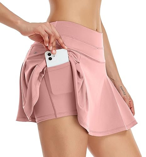 VUTRU Damen Tennisröcke Hohe Taille Tennis Skort mit Taschen Laufröcke Sport Golfrock mit Innenhose Hellrosa XXL