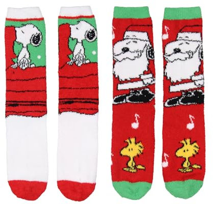 Bioworld Peanuts Santa Snoopy and Woodstock Weihnachtssocken für Erwachsene, flauschig, Plüsch, Crew-Socken, 2 Stück, für Damen und Herren