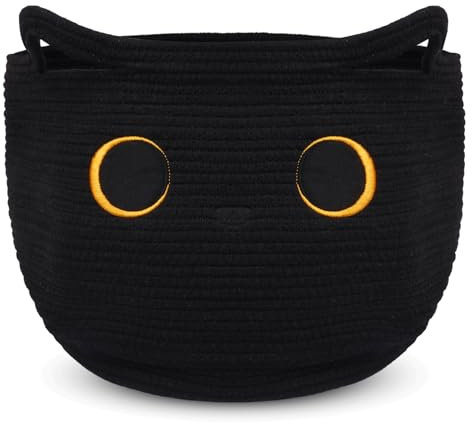 Cute Black Cat Round Basket - Cotton Rope Baskets Woven Basket Blanket Basket, Large Baby Laundry Blasket for Nursery Hamper With Handle Toy Storage Basket for Gifts,Living room(13.5×13.5×8.5Inch)