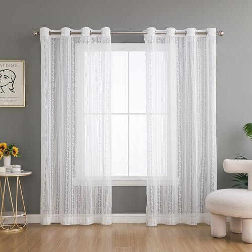 Spitze Vorhang Weiß Gardinen Schiebevorhänge, 2er Set Voile Vorhänge Halbtransparente Gardinen Mit Ösen, Vintage Bestickte Voile Spitzenvorhänge Für Wohnzimmer Schlafzimmer Dekor (H225 X B140 cm)