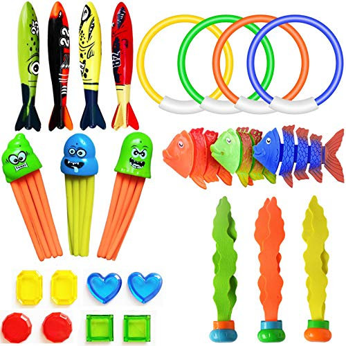 HUADADA Diving Pool Toys, 25pcs Swimming Pool Toys Set with Diving Rings,Diving Torpedo, Diving Seagrass, Diving gem & Octopus Underwater Pool Training Game Toys for Kids Swimming Pool Party.