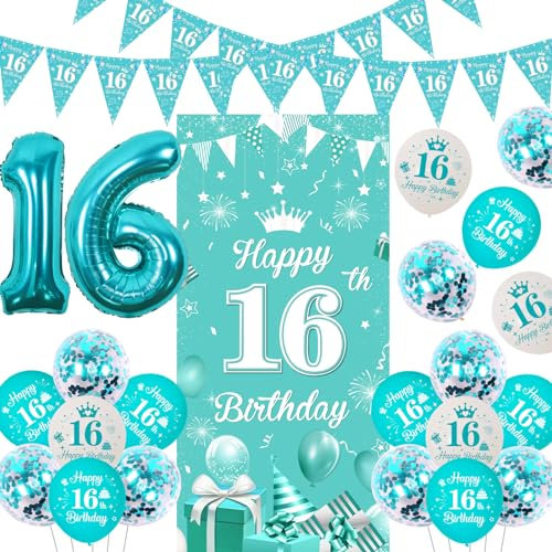Sursurprise 16th Birthday Decorations for Girl Teal, Turquoise Happy 16th Birthday Door Banner, Triangle Bunting, Teal Blue Balloons, 16 Year Old Birthday Party Supplies