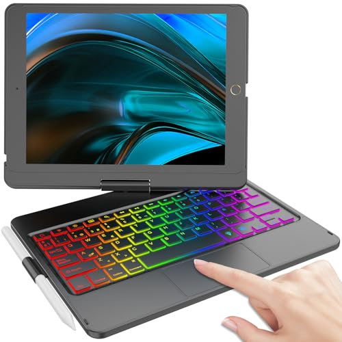 KBCASE Funda Teclado iPad 9a generación con Trackpad, Funda Rotación de 360° con Bluetooth Inalámbrico Español Ñ Teclado para iPad 10.2 9a/ 8a/ 7a Gen,7 Colores Retroiluminada,Nero