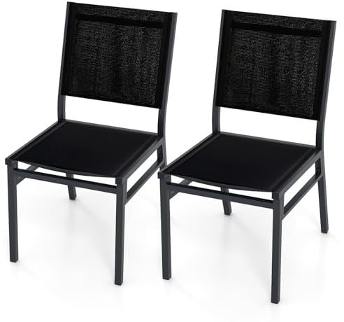 COSTWAY 2er Set Gartenstühle Alu, wetterfeste Terrassenstühle mit atmungsaktivem Sitz und Rückenlehne, leichte Balkonstühle ohne Armlehnen, bis 150 kg belastbar, für Garten, Balkon, Terrasse