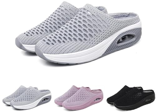 KIKIATA Hatmeo Women Orthopedic Slippers, Air Cushion Slip-On Diabetic Walking Shoes with Arch Support, Lightweight Breathable Sneakers Slippers Wide Toe Box Shoes for Women Indoor Outdoor(Grey,5 UK)