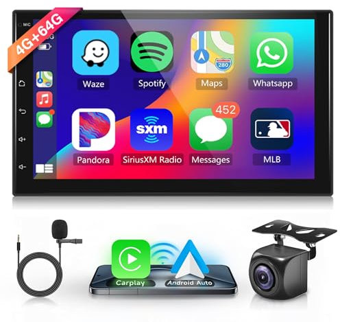 4G+64G Wireless Carplay Android 13 Radio de Coche 2 DIN con Android Auto GPS Navi WiFi 7 Pulgadas Touchscreen Radio Coche con Mirror Link Bluetooth FM/RDS/32EQ/AI DSP/Dab/OBD/DVR/SWC Cámara Trasera