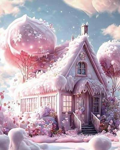 Chaozhirui Kreuzstich-Stickset 11CT für Erwachsene, Anfänger, DIY, Fortgeschrittene, Kunsthandwerk, Musterdruck, Heimdekoration, Wanddekoration, rosa Holzhaus, 40 x 50 cm