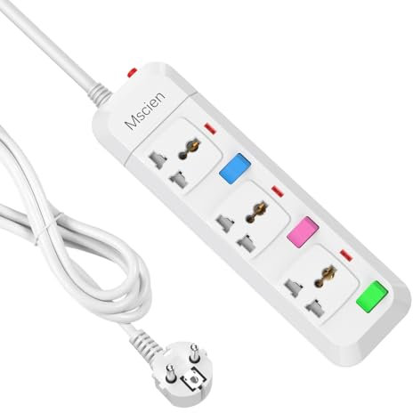 Mscien 1.8M Extension Lead, Travel 3 Way Extension Lead with 3 Independent Switches, Overload Protector UK to EU Power Strip Wall Mountable(Type E/F Plug)