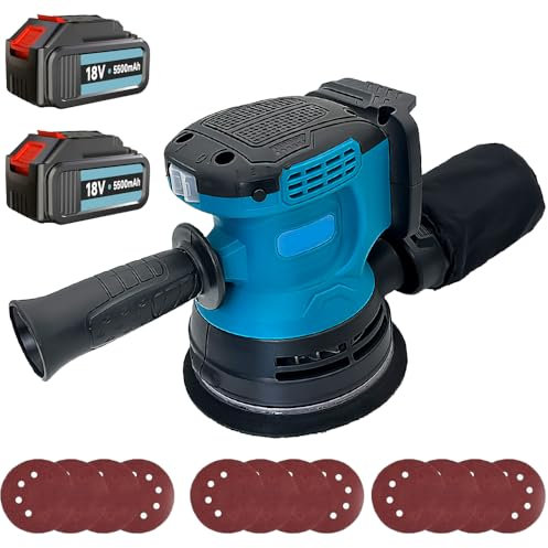 18V Cordless 125mm Orbital Sander, Replacement for Makita DBO180Z, 2PCS 3.0Ah Battery, Fast Charger, Overload Protection, Dust Extraction Facility & Hook and Loop Fastening(with 12PCS Sandpapers)