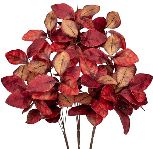 Briful 3er-Set Künstliche Magnolienbüsche – Herbstdeko Kunstzweige Herbstblätter in Weinrot – Seidenblätter für Vase, Kranz & Tischdeko – 40 cm