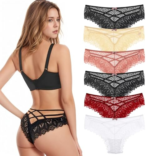 HAGOT 6 PCS Women Lace Panties, Criss Cross Back Bikini Briefs, Back Hollow Out Underwear, Soft Stretchy Hipster Cute Thong