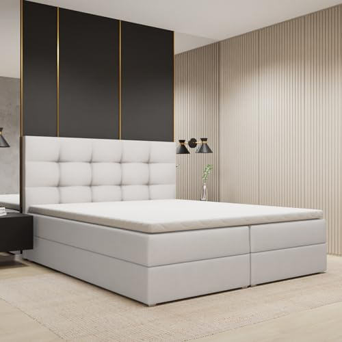 FurniDe24 Boxspringbett Piko, 2 Bettkästen, Weiß, Plüsch, 160x200cm | Doppelbett mit Taschenfederkernmatratze H3, 3 cm hohem Topper, gestepptem Polsterkopfteil und verstärktem Rahmen